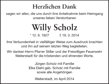 Traueranzeige von Willy Scholz von Darmstädter Echo, Odenwälder Echo, Rüsselsheimer Echo, Groß-Gerauer-Echo, Ried Echo