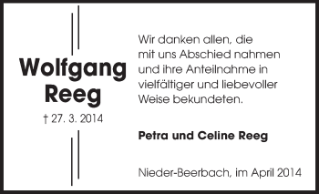Traueranzeige von Wolfgang Reeg von Echo-Zeitungen (Gesamtausgabe)