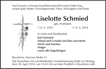 Traueranzeige von Liselotte Schmied von Rüsselsheimer Echo, Groß-Gerauer-Echo, Ried Echo