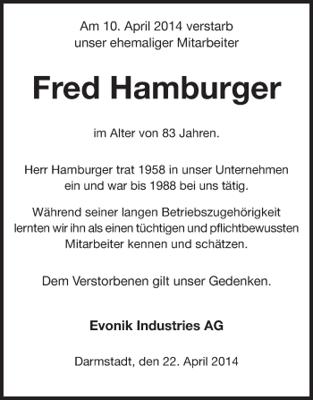 Traueranzeige von Fred Hamburger von Echo-Zeitungen (Gesamtausgabe)