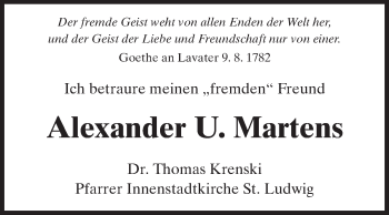 Traueranzeige von Alexander Martens von Echo-Zeitungen (Gesamtausgabe)