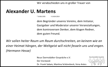 Traueranzeige von Alexander Martens von Echo-Zeitungen (Gesamtausgabe)