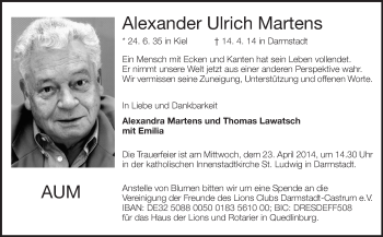 Traueranzeige von Alexander Ulrich Martens von Echo-Zeitungen (Gesamtausgabe)