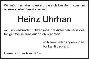 Traueranzeige von Heinz Uhrhan von Echo-Zeitungen (Gesamtausgabe)