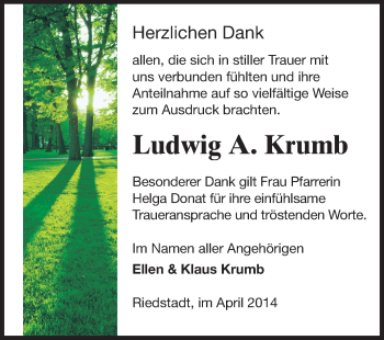 Traueranzeige von Ludwig A. Krumb von Rüsselsheimer Echo, Groß-Gerauer-Echo, Ried Echo