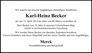 Traueranzeige von Karl-Heinz Becker von Echo-Zeitungen (Gesamtausgabe)