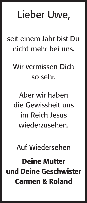 Traueranzeige von Uwe  von Odenwälder Echo