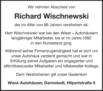 Traueranzeige von Richard Wischnewski von Echo-Zeitungen (Gesamtausgabe)