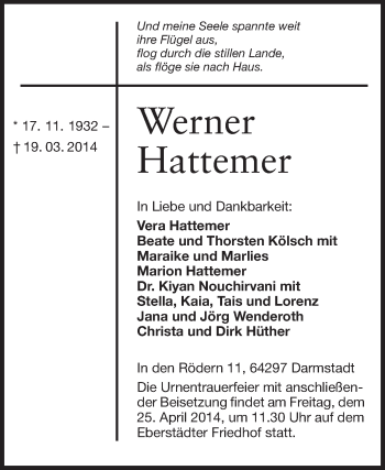 Traueranzeige von Werner Hattemer von Echo-Zeitungen (Gesamtausgabe)