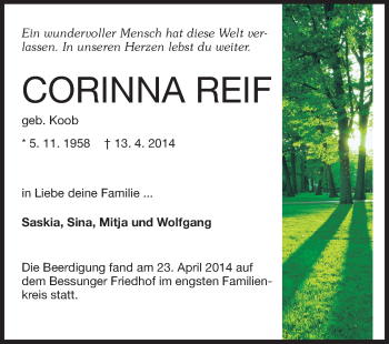 Traueranzeige von Corinna Reif von Echo-Zeitungen (Gesamtausgabe)