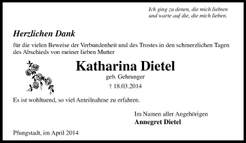 Traueranzeige von Katharina Dietel von Echo-Zeitungen (Gesamtausgabe)
