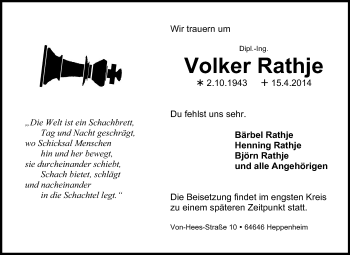 Traueranzeige von Volker Rathje von Starkenburger Echo, Bergsträßer Anzeiger