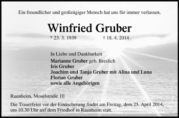 Traueranzeige von Winfried Gruber von Rüsselsheimer Echo, Groß-Gerauer-Echo, Ried Echo