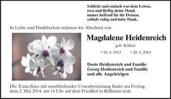 Traueranzeige von Magdalene Heidenreich von Odenwälder Echo
