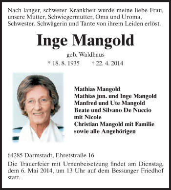 Traueranzeige von Inge Mangold von Echo-Zeitungen (Gesamtausgabe)