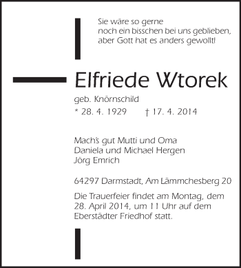Traueranzeige von Elfriede Wtorek von Echo-Zeitungen (Gesamtausgabe)