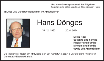 Traueranzeige von Hans Dönges von Echo-Zeitungen (Gesamtausgabe)