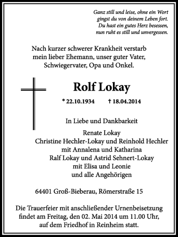 Traueranzeige von Rolf Lokay von Echo-Zeitungen (Gesamtausgabe)