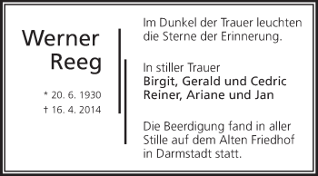 Traueranzeige von Werner Reeg von Darmstädter Echo, Odenwälder Echo, Rüsselsheimer Echo, Groß-Gerauer-Echo, Ried Echo