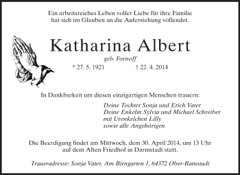 Traueranzeige von Katharina Albert von Echo-Zeitungen (Gesamtausgabe)