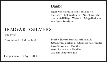 Traueranzeige von Irmgard Sievers von Echo-Zeitungen (Gesamtausgabe)