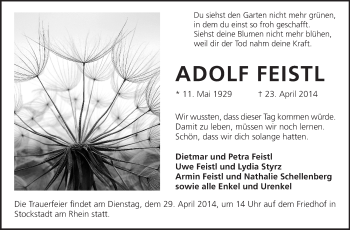 Traueranzeige von Adolf Feistl von Echo-Zeitungen (Gesamtausgabe)