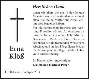 Traueranzeige von Erna Klöß von Rüsselsheimer Echo, Groß-Gerauer-Echo, Ried Echo