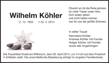 Traueranzeige von Wilhelm Köhler von Rüsselsheimer Echo, Groß-Gerauer-Echo, Ried Echo