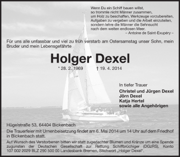 Traueranzeige von Holger Dexel von Echo-Zeitungen (Gesamtausgabe)