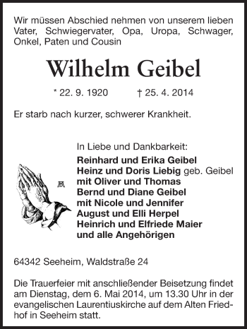 Traueranzeige von Wilhelm Geibel von Echo-Zeitungen (Gesamtausgabe)