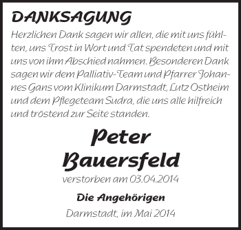 Traueranzeige von Peter Bauersfeld von Echo-Zeitungen (Gesamtausgabe)
