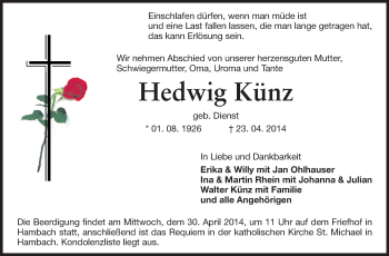 Traueranzeige von Hedwig Künz von Starkenburger Echo