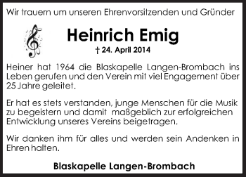 Traueranzeige von Heinrich Emig von Odenwälder Echo
