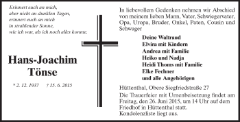 Traueranzeige von Hans-Joachim Tönse von Odenwälder Echo