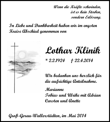 Traueranzeige von Lothar Klinik von Rüsselsheimer Echo, Groß-Gerauer-Echo, Ried Echo