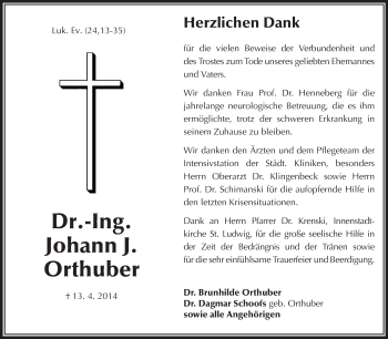 Traueranzeige von Johann J. Orthuber von Echo-Zeitungen (Gesamtausgabe)
