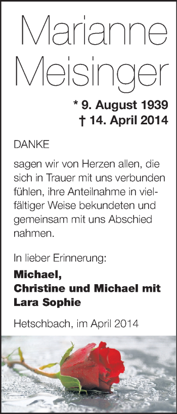 Traueranzeige von Marianne
 Meisinger von Odenwälder Echo