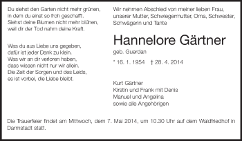 Traueranzeige von Hannelore Gärtner von Echo-Zeitungen (Gesamtausgabe)