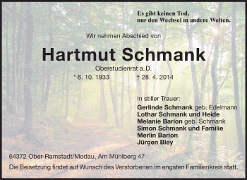 Traueranzeige von Hartmut Schmank von Echo-Zeitungen (Gesamtausgabe)