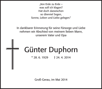 Traueranzeige von Günter Duphorn von Rüsselsheimer Echo, Groß-Gerauer-Echo, Ried Echo