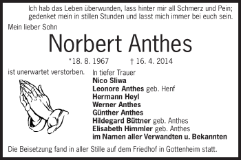 Traueranzeige von Norbert Anthes von Rüsselsheimer Echo, Groß-Gerauer-Echo, Ried Echo