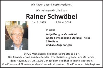 Traueranzeige von Rainer Schwöbel von Odenwälder Echo