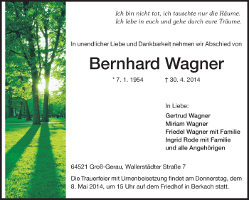 Traueranzeige von Bernhard Wagner von Rüsselsheimer Echo, Groß-Gerauer-Echo, Ried Echo