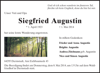 Traueranzeige von Siegfried Augustin von Echo-Zeitungen (Gesamtausgabe)