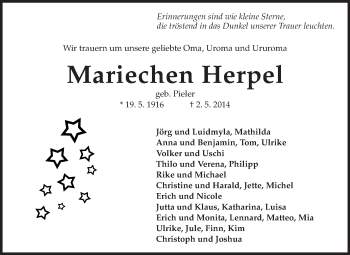 Traueranzeige von Mariechen Herpel von Echo-Zeitungen (Gesamtausgabe)