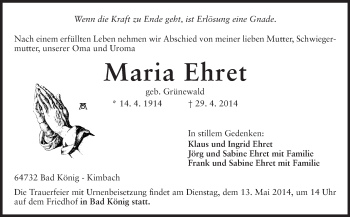Traueranzeige von Maria Ehret von Odenwälder Echo