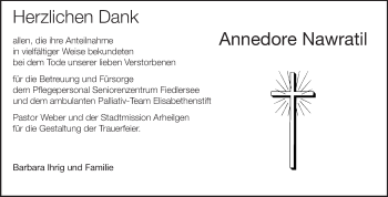 Traueranzeige von Annedore Nawratil von Darmstädter Echo, Odenwälder Echo, Rüsselsheimer Echo, Groß-Gerauer-Echo, Ried Echo