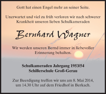Traueranzeige von Bernhard Wagner von Rüsselsheimer Echo, Groß-Gerauer-Echo, Ried Echo