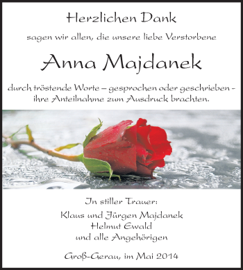Traueranzeige von Anna Majdanek von Rüsselsheimer Echo, Groß-Gerauer-Echo, Ried Echo