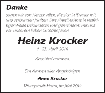 Traueranzeige von Heinz Krocker von Echo-Zeitungen (Gesamtausgabe)